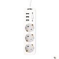 Perfeo сетевой фильтр "POWER STREAM", 2500W, двойная защита, 4м, 3 розетки, 3 USB, белый.