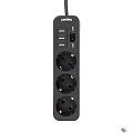 Perfeo сетевой фильтр "POWER STREAM", 2500W, двойная защита, 2м, 3 розетки, 3 USB, черный.